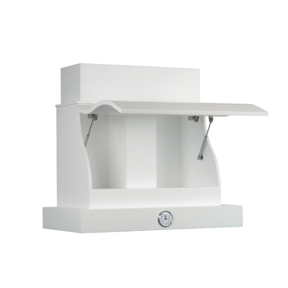 SHAPED OPENABLE white rustic kitchen hood with wooden frame and 120 cm clock