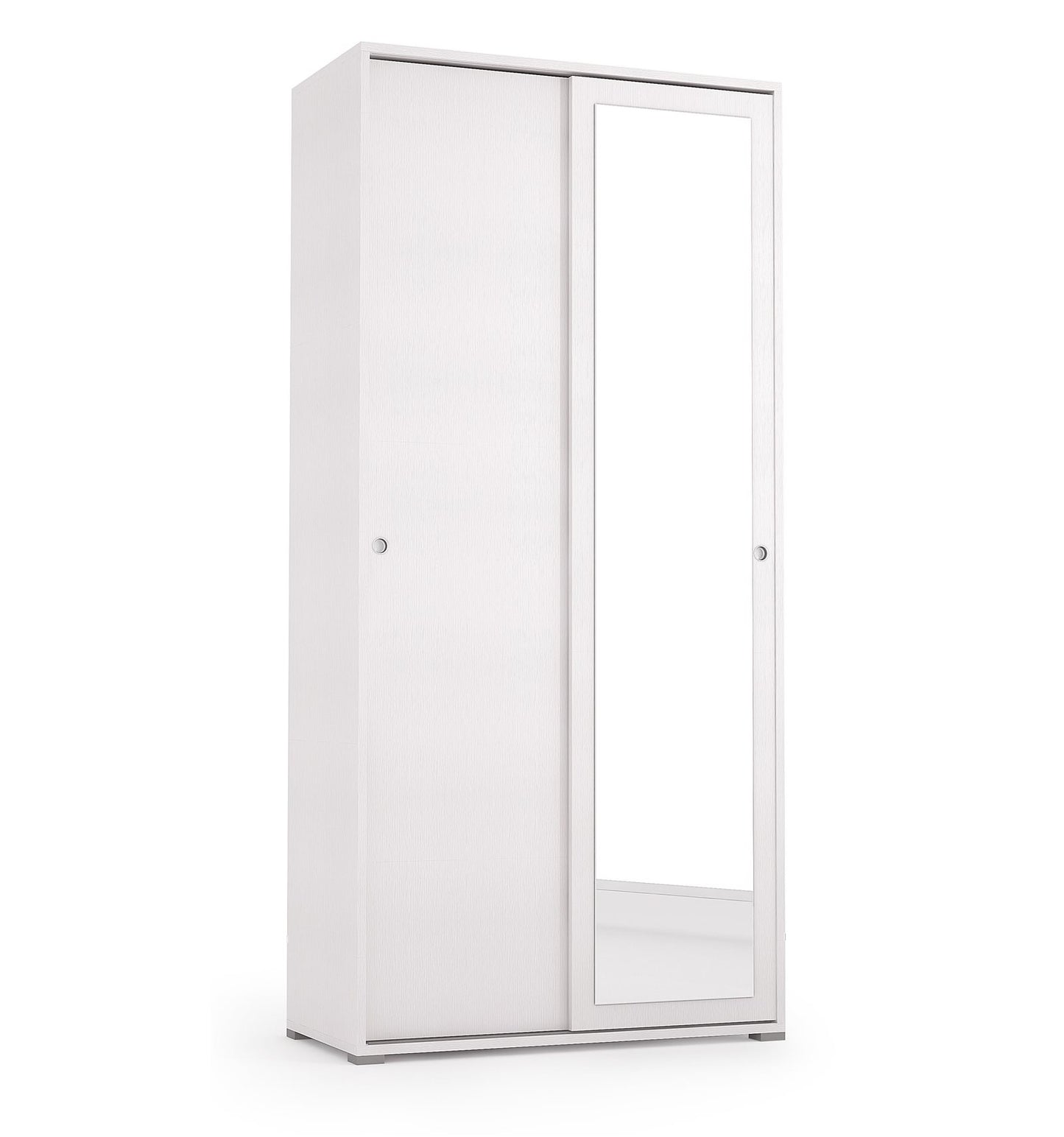 Mueble con puertas correderas, espejo, dos estantes y tubo para ropa blanco con puertas blancas.