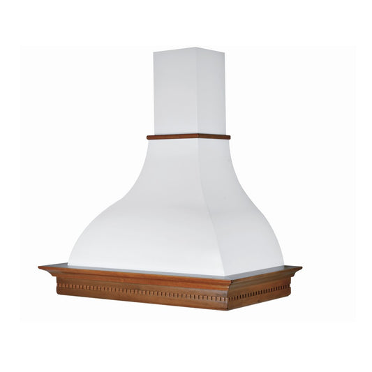 RAFFAELLO weiße rustikale Dunstabzugshaube mit walnussfarbenem Intarsien-Holzrahmen, 90 cm breit
