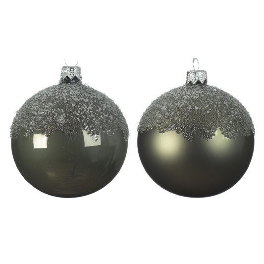 Assorted moss green Christmas bauble with glitter-covered top Ø8 cm