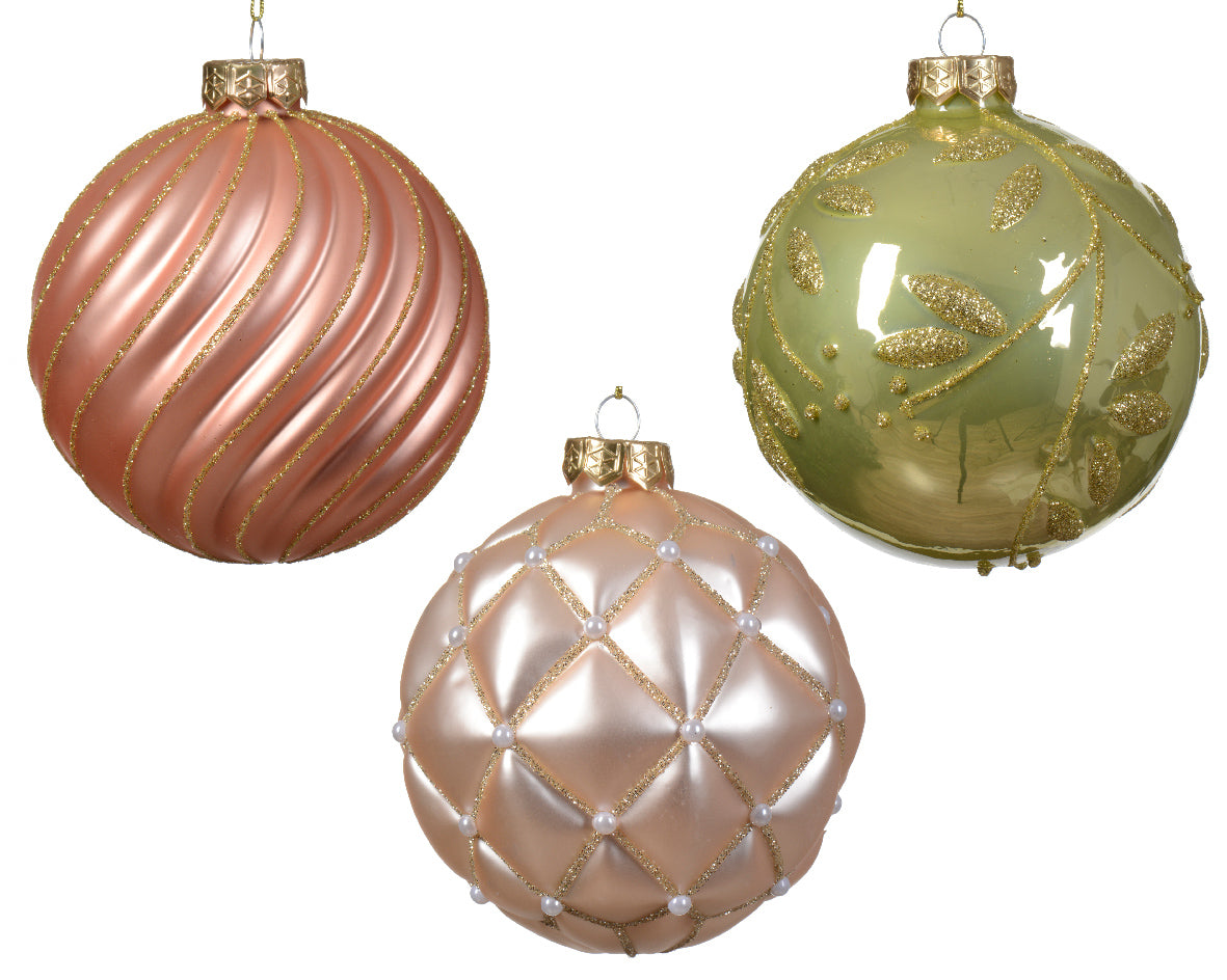 Adorno de Navidad de Vidrio para Decoración Navideña Mate-Brillante con Diseño de Líneas y Hojas Mixtas en Color Rosa Frizzante, ø 10cm