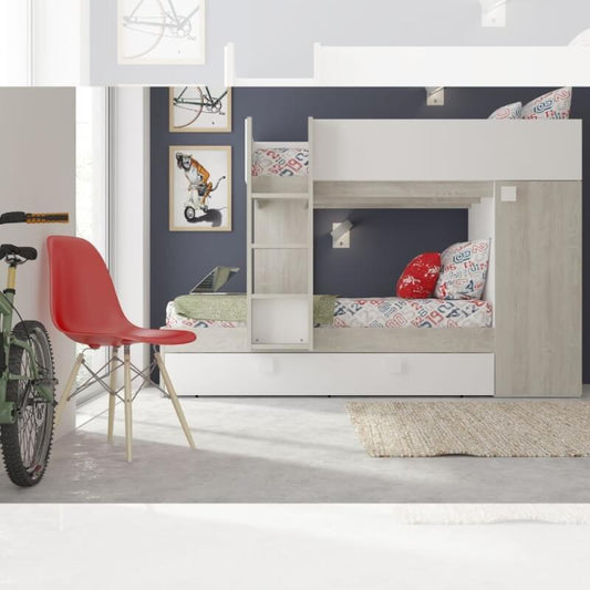 Bedroom with bunk bed and pull-out bed with integrated wardrobe in worn white and reversible white