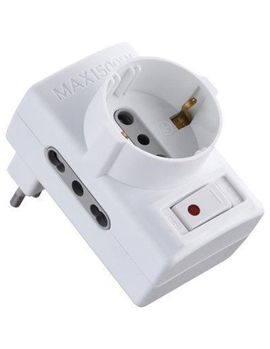 Adaptador triple con interruptor térmico y enchufes bipas y schuko Electraline blanco 2P+T asimétrico