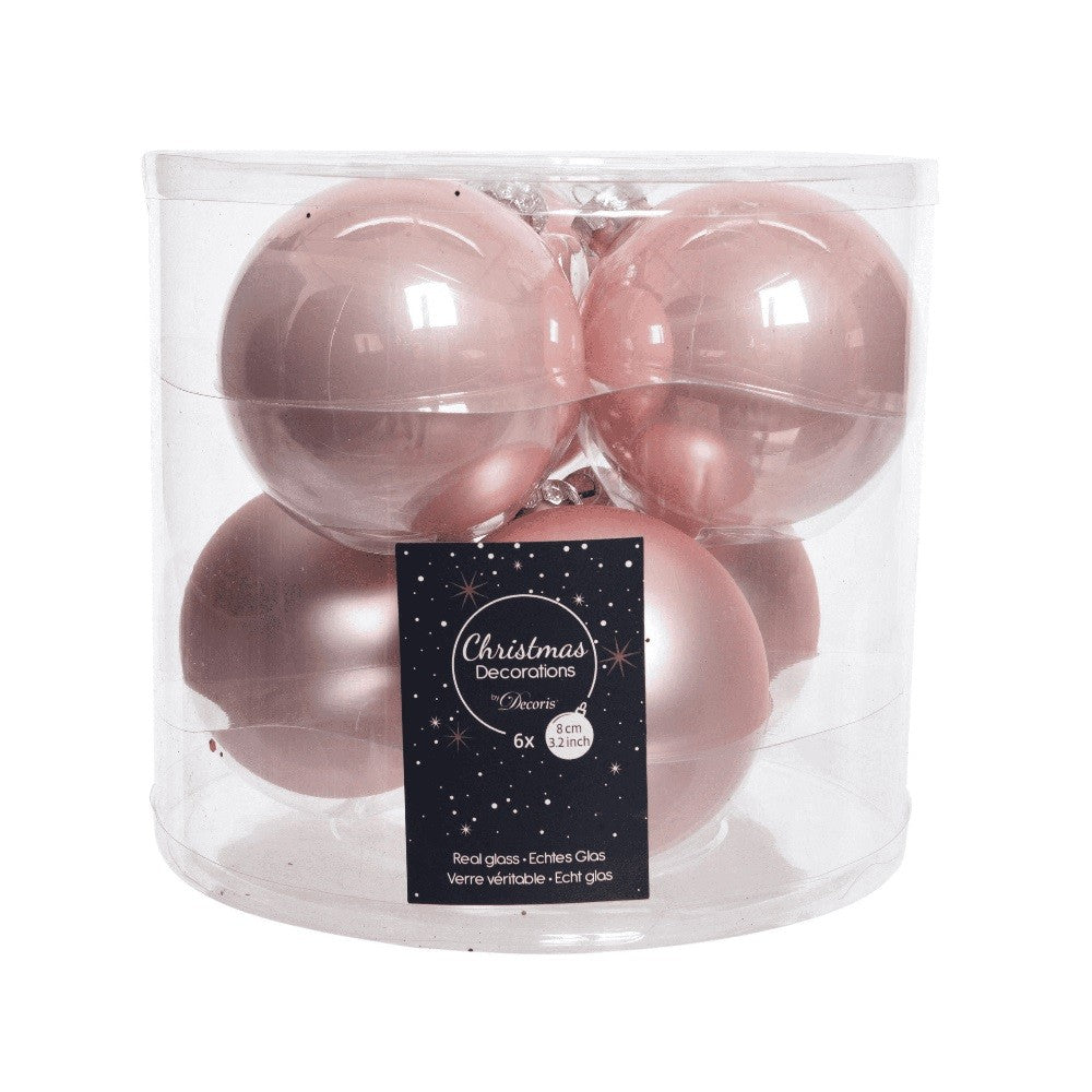 Set of 6 Christmas balls in antique pink glass, 8 cm in diameter