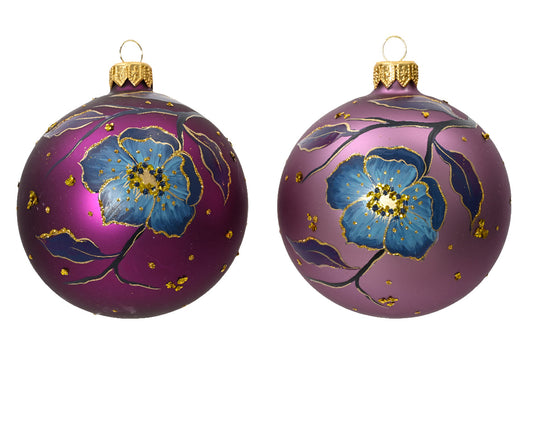 Weihnachtskugel aus mattem Glas, dekoriert mit zweifarbigen Blumen, verschiedene Farben, ø 8cm