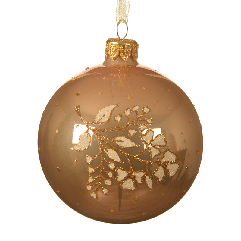 Christmas bauble Enamel caramel - gold with flower Ø8 cm