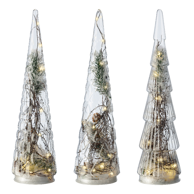 Mini transparent glass trees H35 cm with 15 Assorted leds