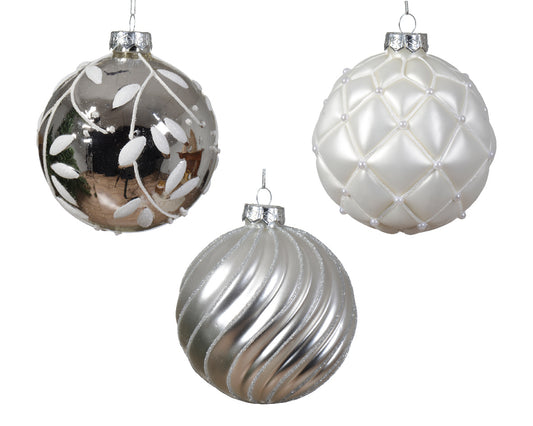 Glass Balloon Christmas Ornament with Checkered Lines and Leaf 3pcs White/Silver ø 10cm