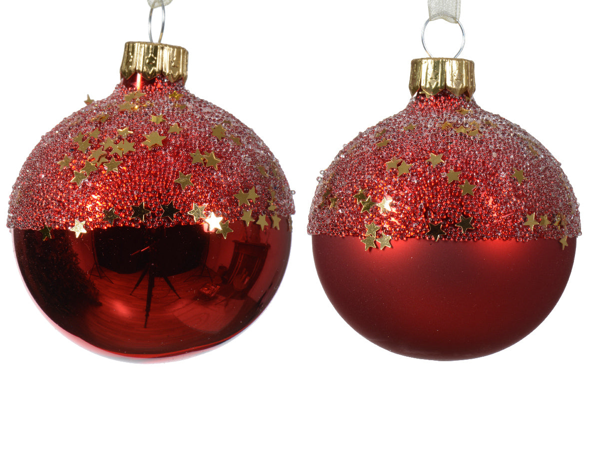 6cm Red Christmas Star-shaped Glass Globe Matte Ball Ornament with 2-color Top