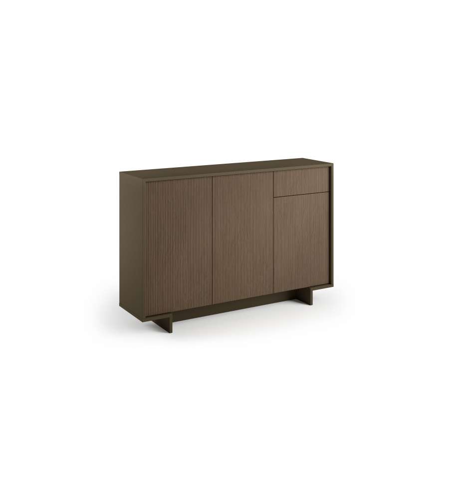 Slim sideboard with 3 doors, drawer and three internal shelves in dark bronze ribbed