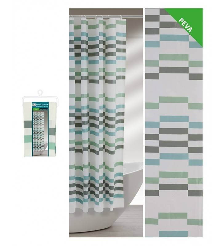 Shower Curtain 180 X 200 With Fantasy Green Gray And Blue Rectangles