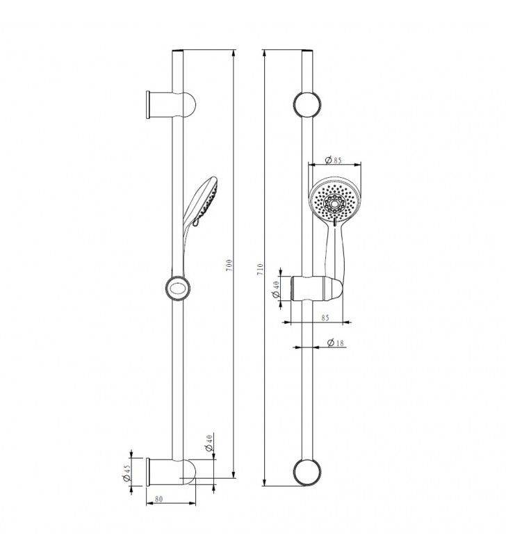 Sliding rail for patients with adjustable height and three-jet hand shower.