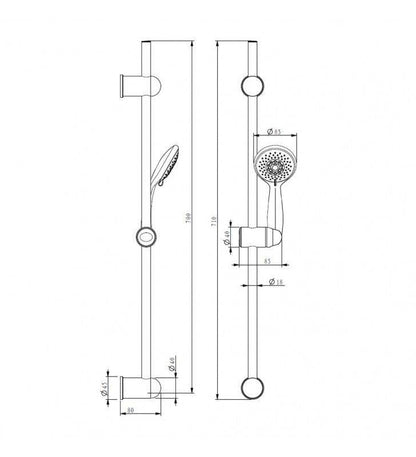 Sliding rail for patients with adjustable height and three-jet hand shower.