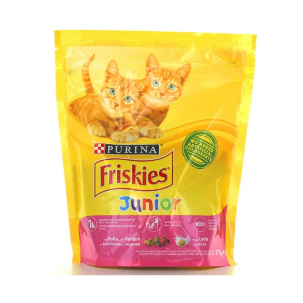 Friskies junior gatos croquetas de pollo, verdura y leche Purina 375 gramos