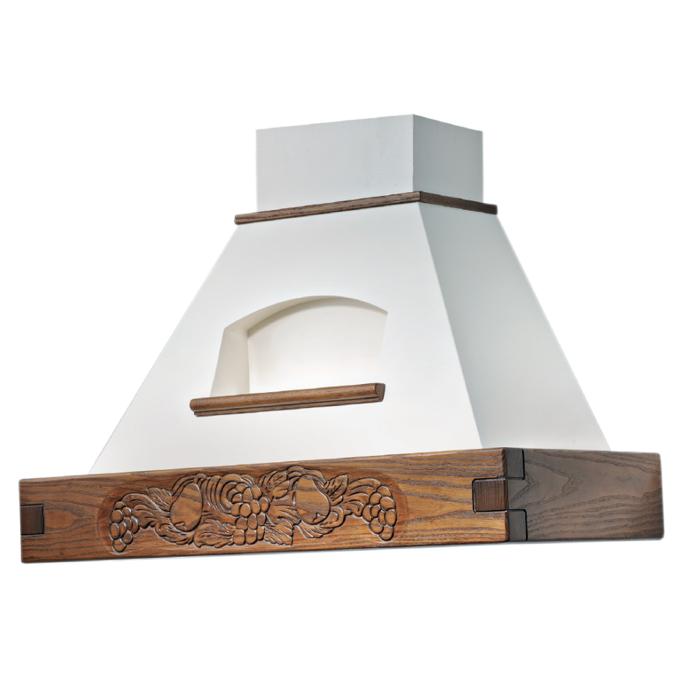 EPOQUE white rustic kitchen hood with wooden frame in tobacco color inlay 120 cm