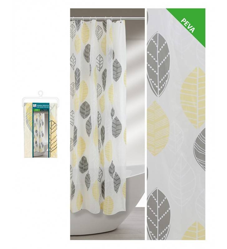 Shower curtain with gray and yellow leaves design in size 180x200