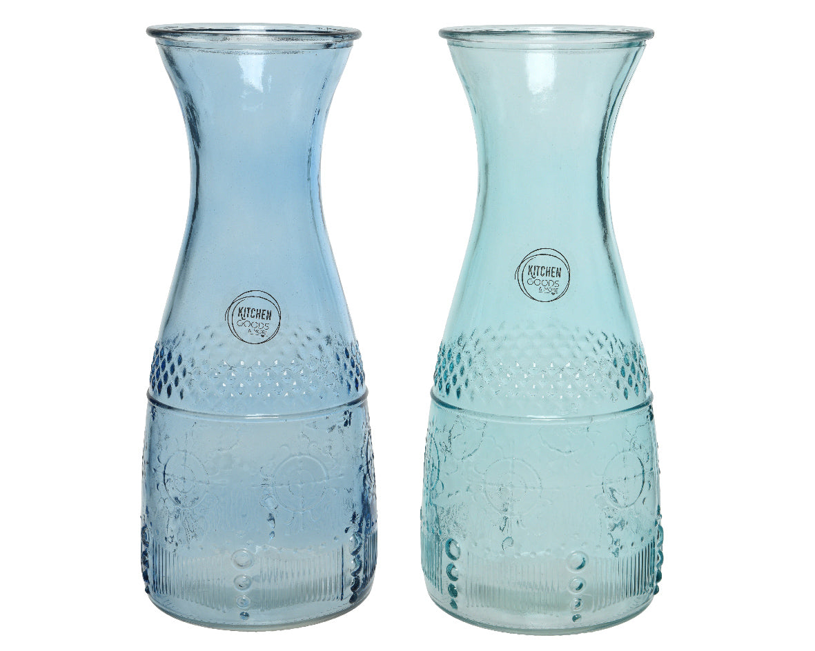 Glass water carafe with relief in 2 assorted colours