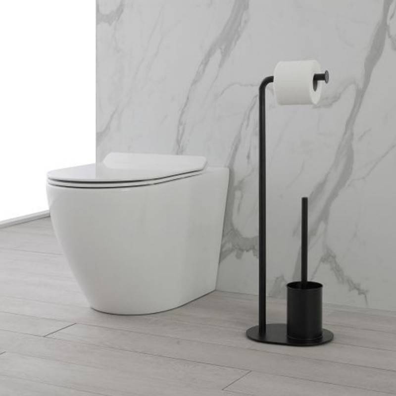 Standing black toilet brush holder H 70 cm with toilet paper holder