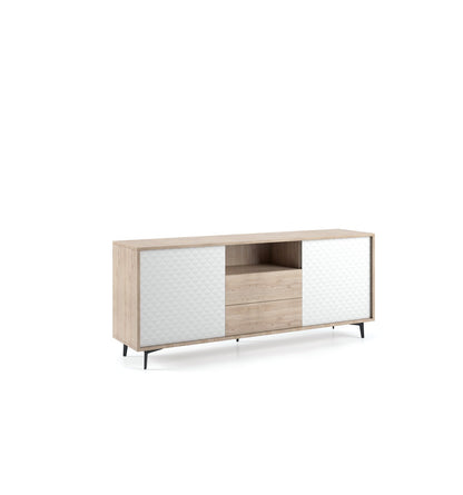 Sideboard with oak structure and white doors Dama Push opening 2 oak drawers with white doors DAMA