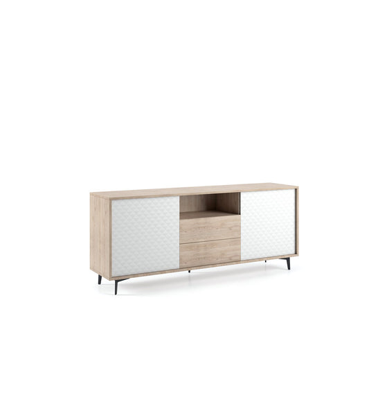 Sideboard with oak structure and white doors Dama Push opening 2 oak drawers with white doors DAMA