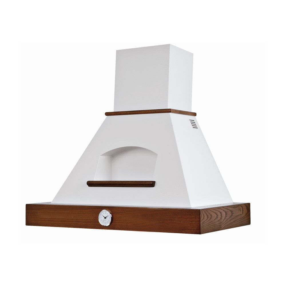 Campana de cocina rústica GIADA blanca con estructura de madera con incrustaciones color tabaco y reloj de 120 cm