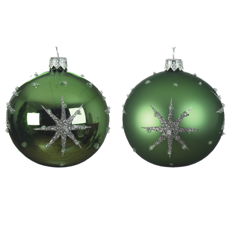 Assorted mistletoe green Christmas ball with embossed star Ø 8 cm