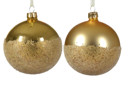 Esfera de vidrio para árbol de Navidad, acabado brillante-opaco, con fondo de dos colores, en oro claro, ø 8cm