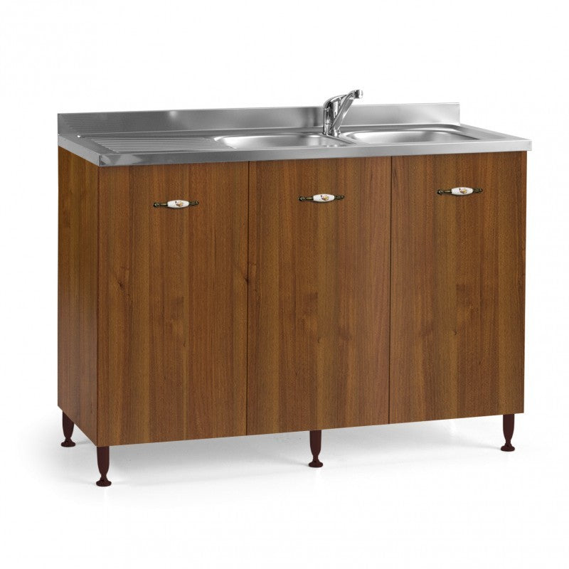 Sink Base Cabinet, antique walnut, 3 reversible doors, 120x50xH 85 cm