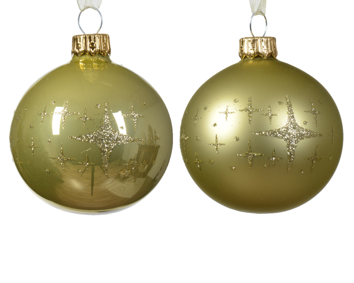 Matte Enamel Glass Christmas Bauble with 2-Color Star Border, Pistachio, ø 6cm